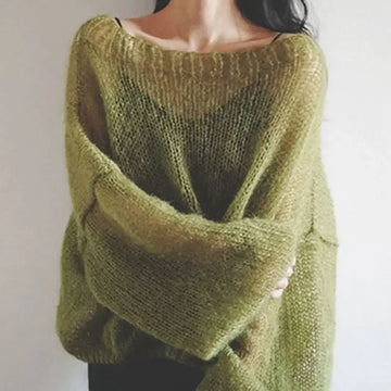 Getadme-Autumn Winter Women Sweater Korean Sweet Vintage Hollow Out  Slash Neck Full Sleeve Office Lady Pullover Sweaters Mori Girl